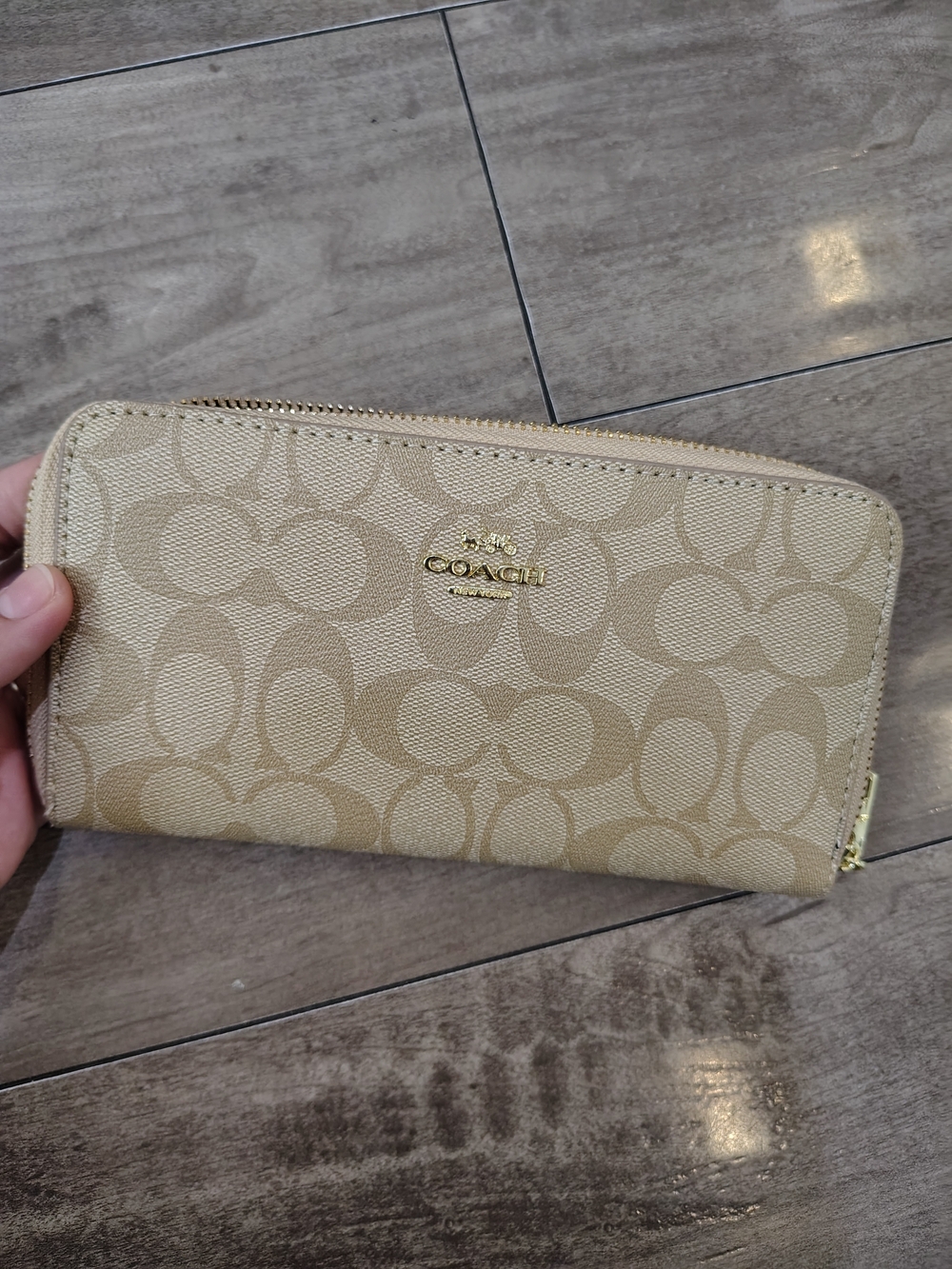 Coach Tan Signature Zip Around Wallet with Gold Logo